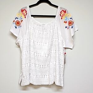 Rafaella Embroidered White Stretch Lace Blouse with Bold Floral Accents, 3X